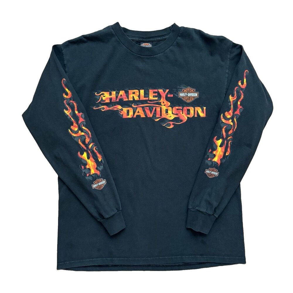 Vintage Harley-Davidson Flames Manchester NH Long Sleeve Black T-Shirt L